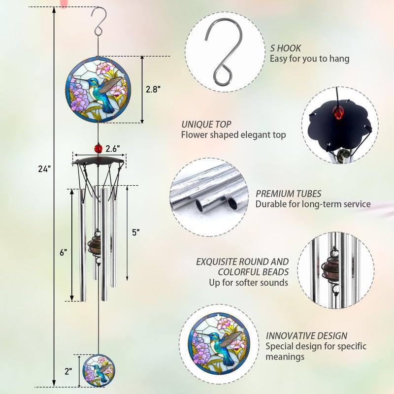 Howarmer Wind Chimes for Outside 24" Hummingbird Wind Chimes Outdoor Home Patio Garden Decor Hummingbird Gifts Windchimes Outdoors Gift Ideas for Women Mom Grandma Sisters - Image 2